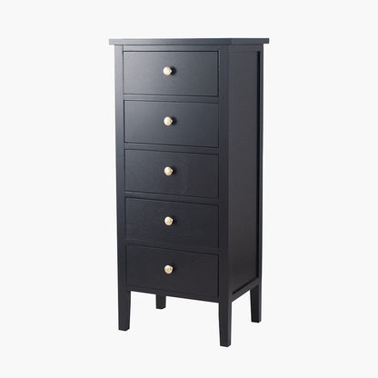 Satin Black Pine Wood 5 Drawer Tall Boy