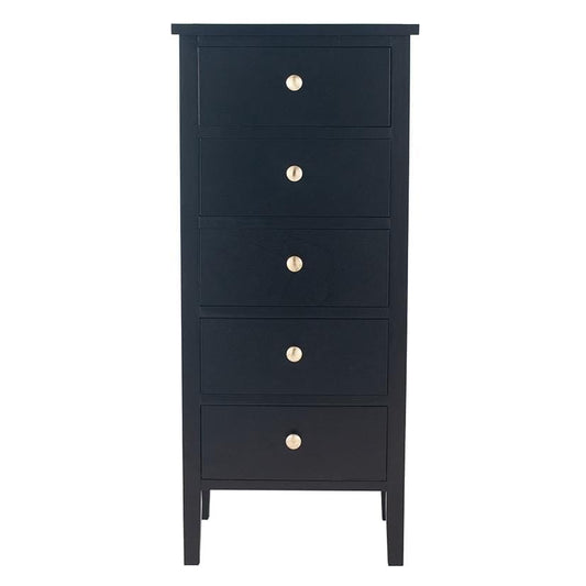 Satin Black Pine Wood 5 Drawer Tall Boy