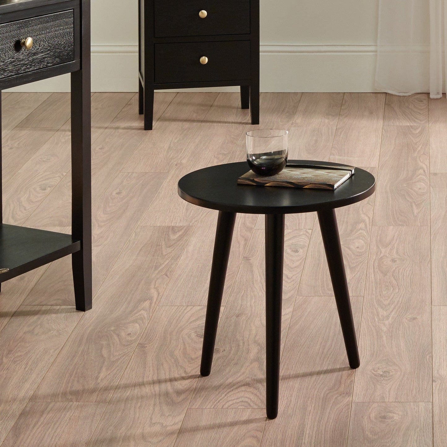 Satin Black Pine Wood Round Side Table