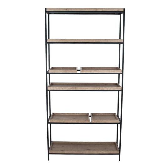 Natural Wood Veneer & Black Metal 5 Shelf Unit