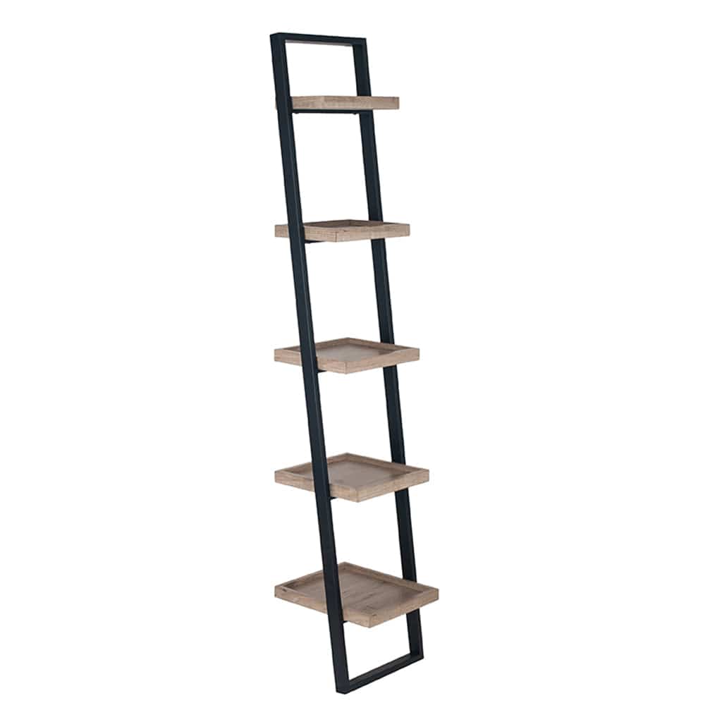 Natural Wood Veneer & Black Metal 5 Shelf Tall Boy