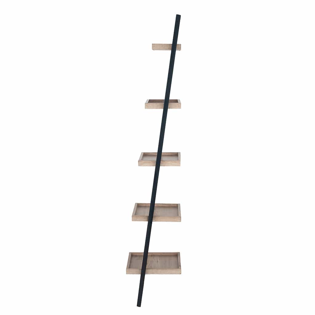 Natural Wood Veneer & Black Metal 5 Shelf Tall Boy