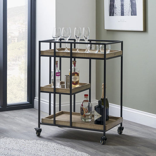 Gallery Natural Wood Veneer & Black Bar Trolley