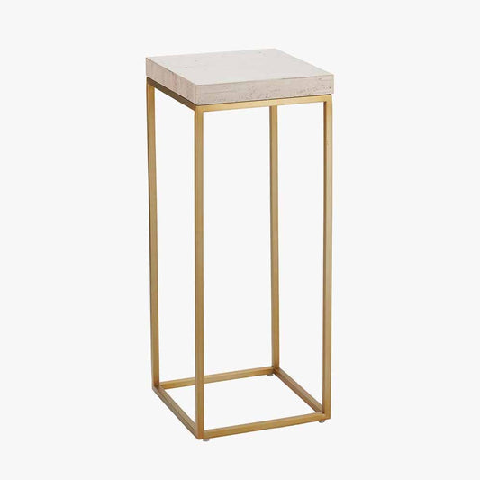 Madison Beige Granite & Burnished Gold Metal Tall Square Side Table