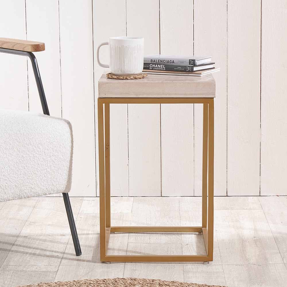 Madison Beige Granite & Burnished Gold Metal Square Side Table