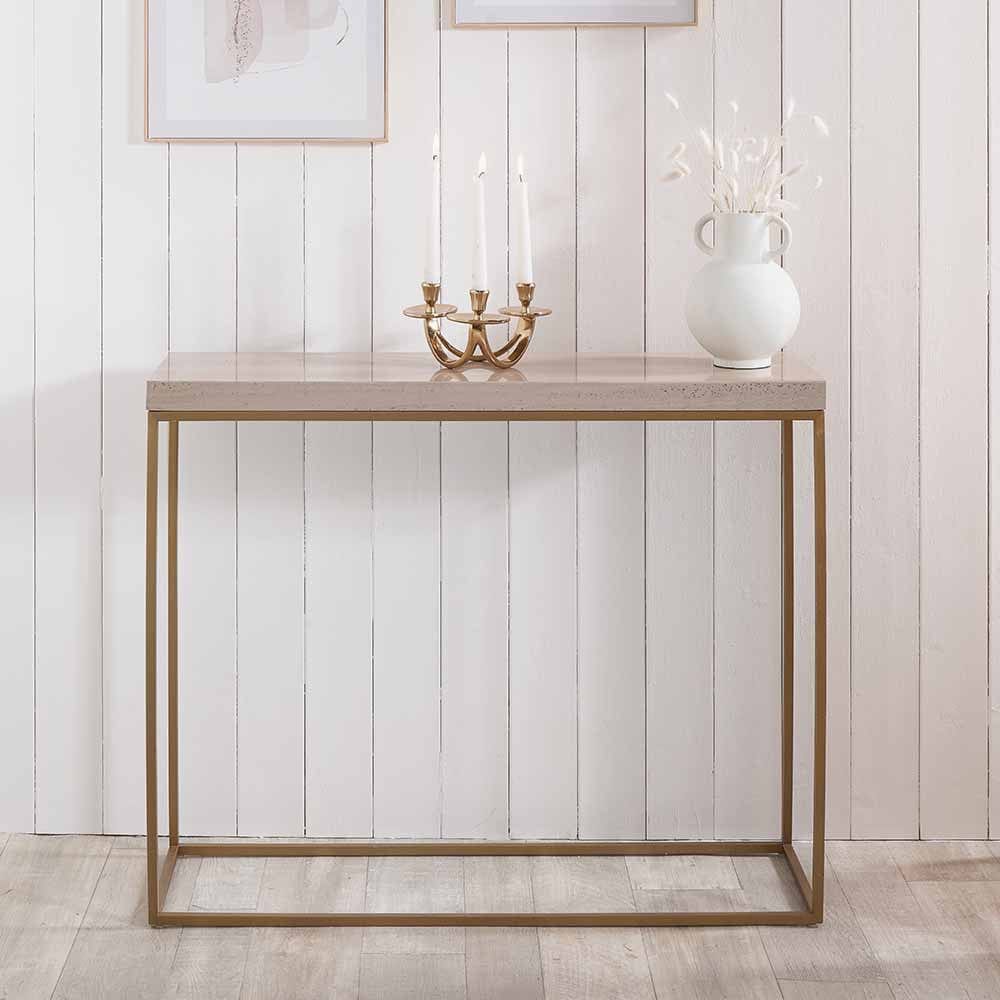 Madison Beige Granite & Burnished Gold Metal Console Table