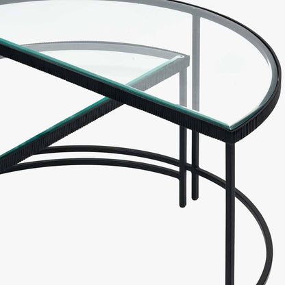 Marazzi Set of 2 Bevelled Glass & Black Metal Half Moon Coffee Tables