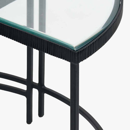 Marazzi Set of 2 Bevelled Glass & Black Metal Half Moon Coffee Tables