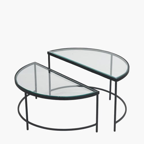 Marazzi Set of 2 Bevelled Glass & Black Metal Half Moon Coffee Tables