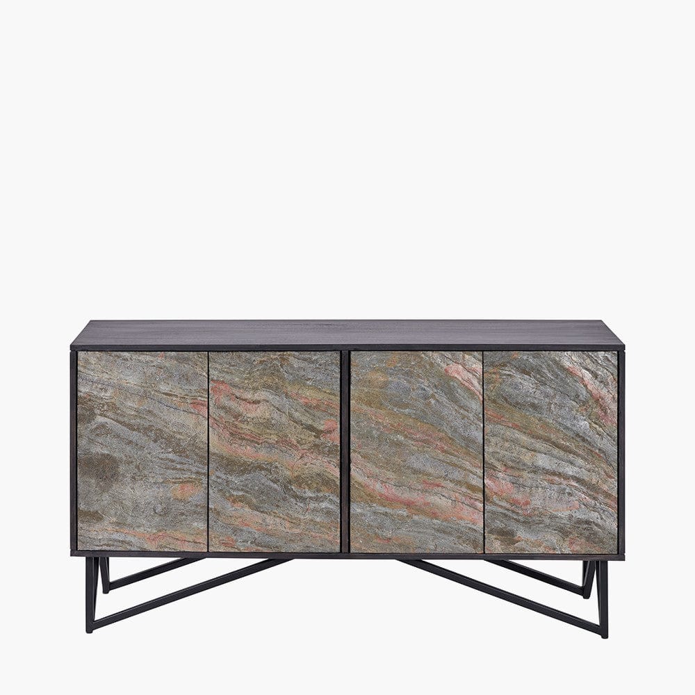 Verde Black Mango Wood & Stone Veneer 4 Door Sideboard