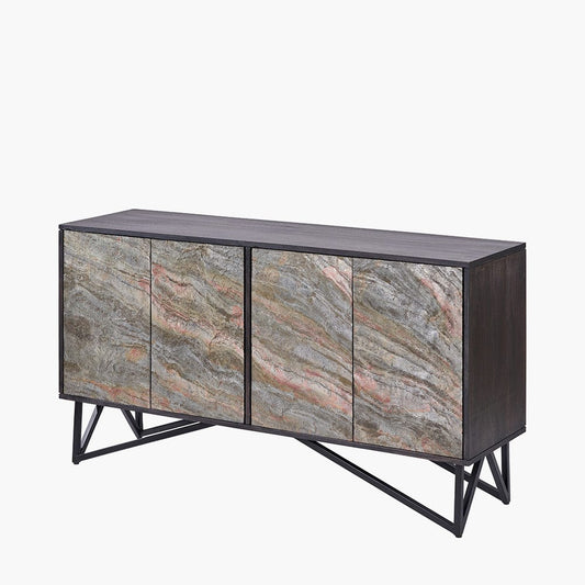 Verde Black Mango Wood & Stone Veneer 4 Door Sideboard