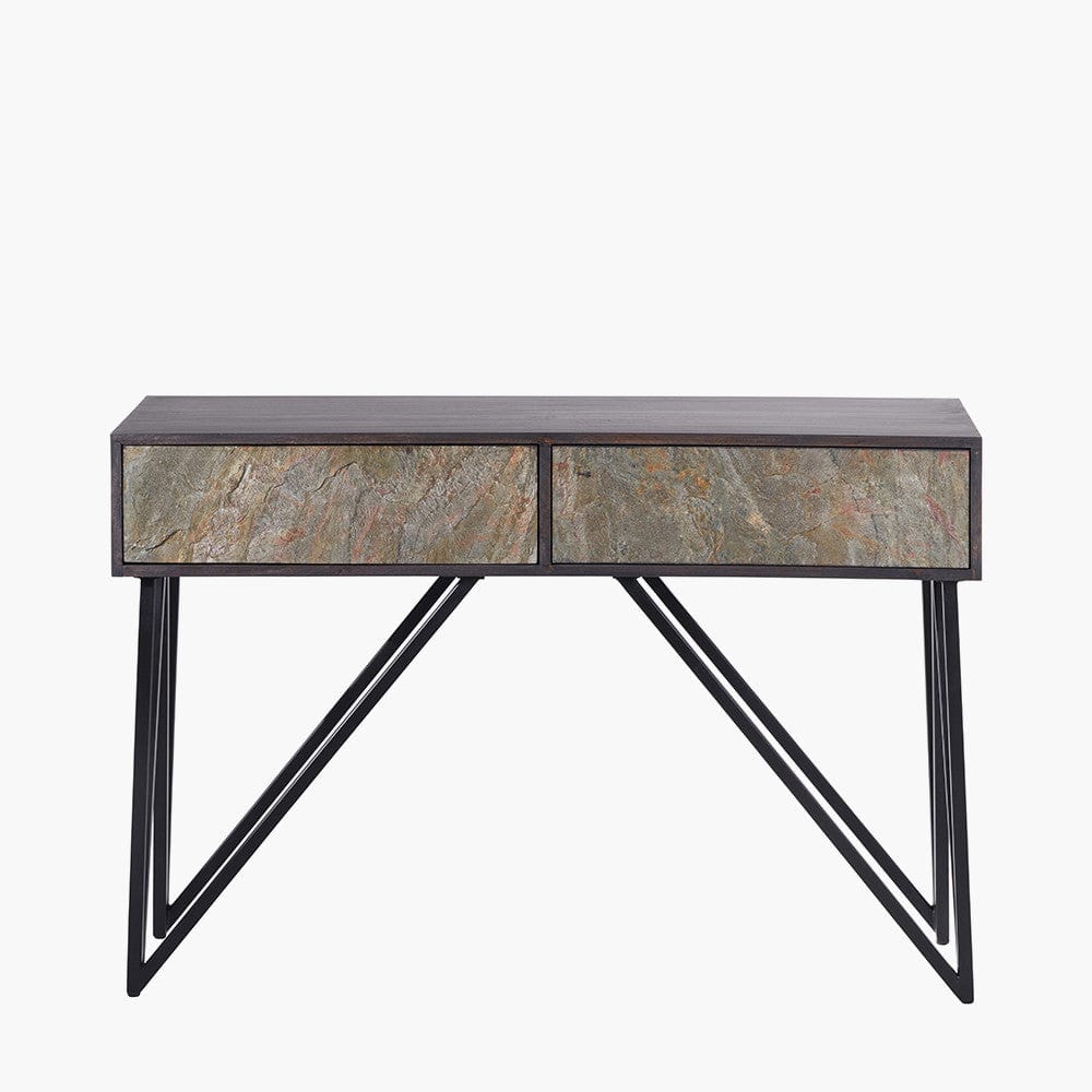 Verde Black Mango Wood & Stone Veneer 2 Drawer Console Table