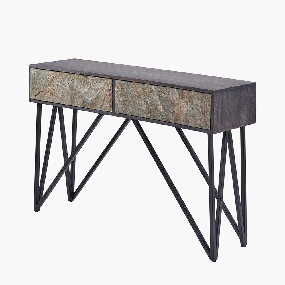 Verde Black Mango Wood & Stone Veneer 2 Drawer Console Table