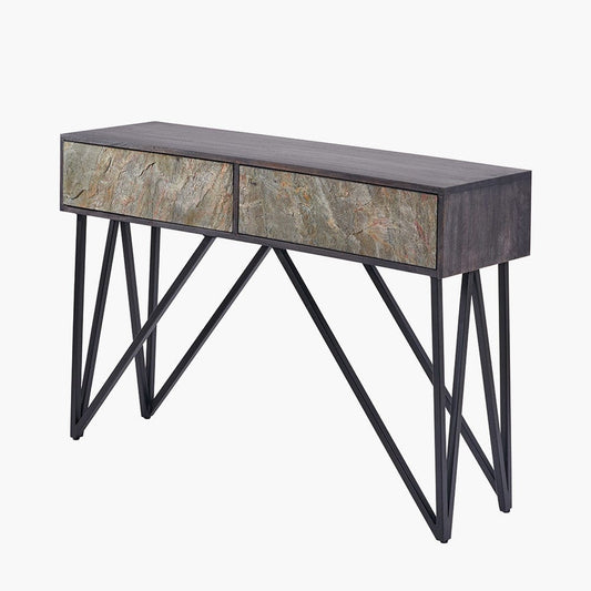 Verde Black Mango Wood & Stone Veneer 2 Drawer Console Table