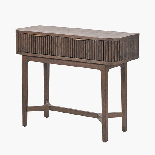 Raie Dark Brown Ribbed Oak & Pine Wood 2 Drawer Console Table