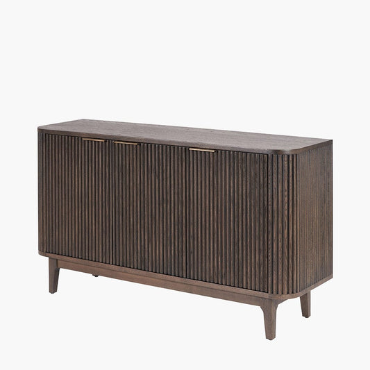 Raie Dark Brown Ribbed Oak & Pine Wood 3 Door Sideboard