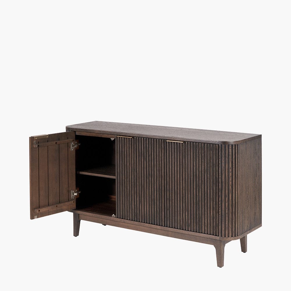 Raie Dark Brown Ribbed Oak & Pine Wood 3 Door Sideboard