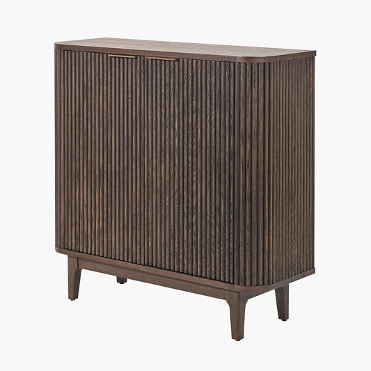 Raie Dark Brown Ribbed Oak & Pine Wood 2 Door Bar Cabinet