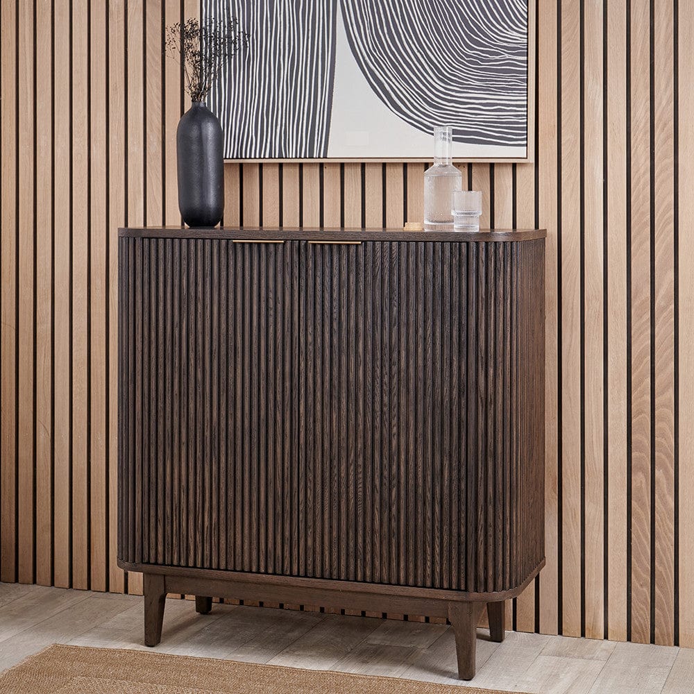 Raie Dark Brown Ribbed Oak & Pine Wood 2 Door Bar Cabinet