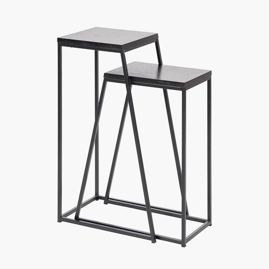 Mashiko Set of 2 Black Ash Veneer & Black Metal Side Tables