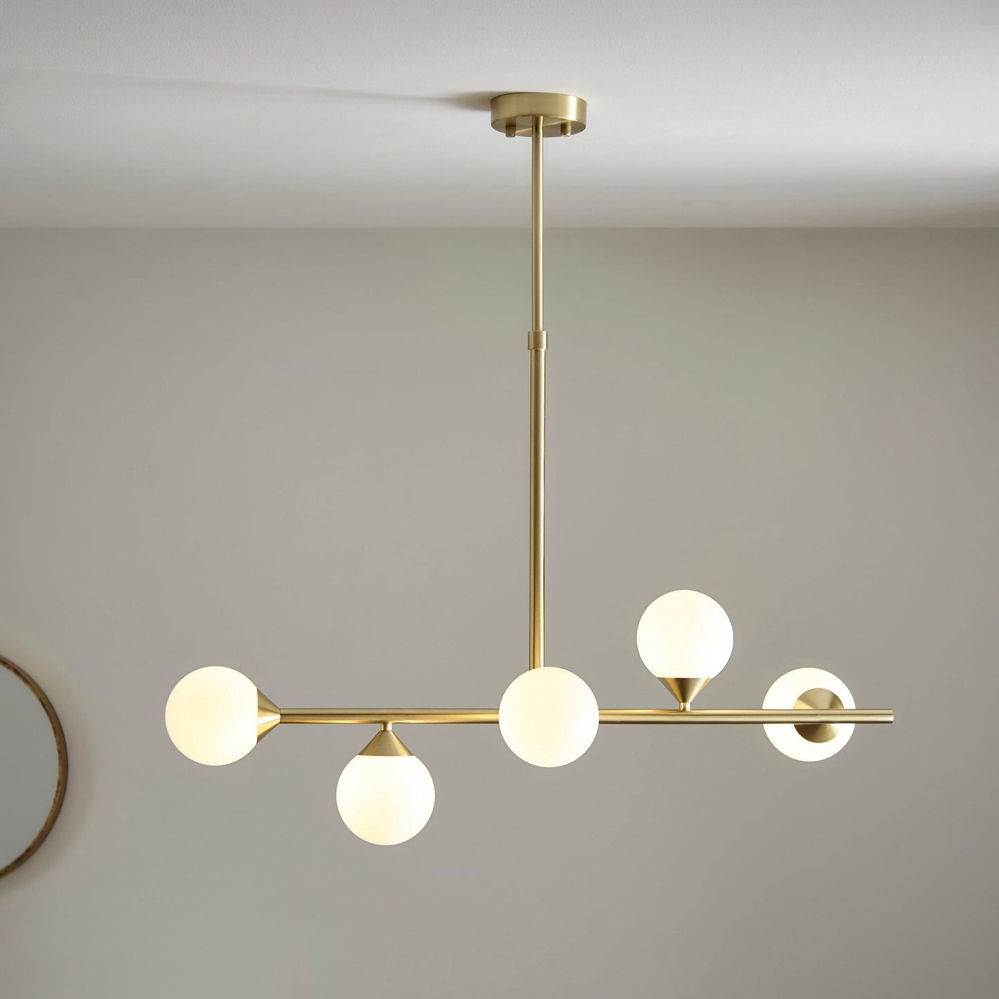 Central 5 Light Gold Pendant with White Gloss Glass