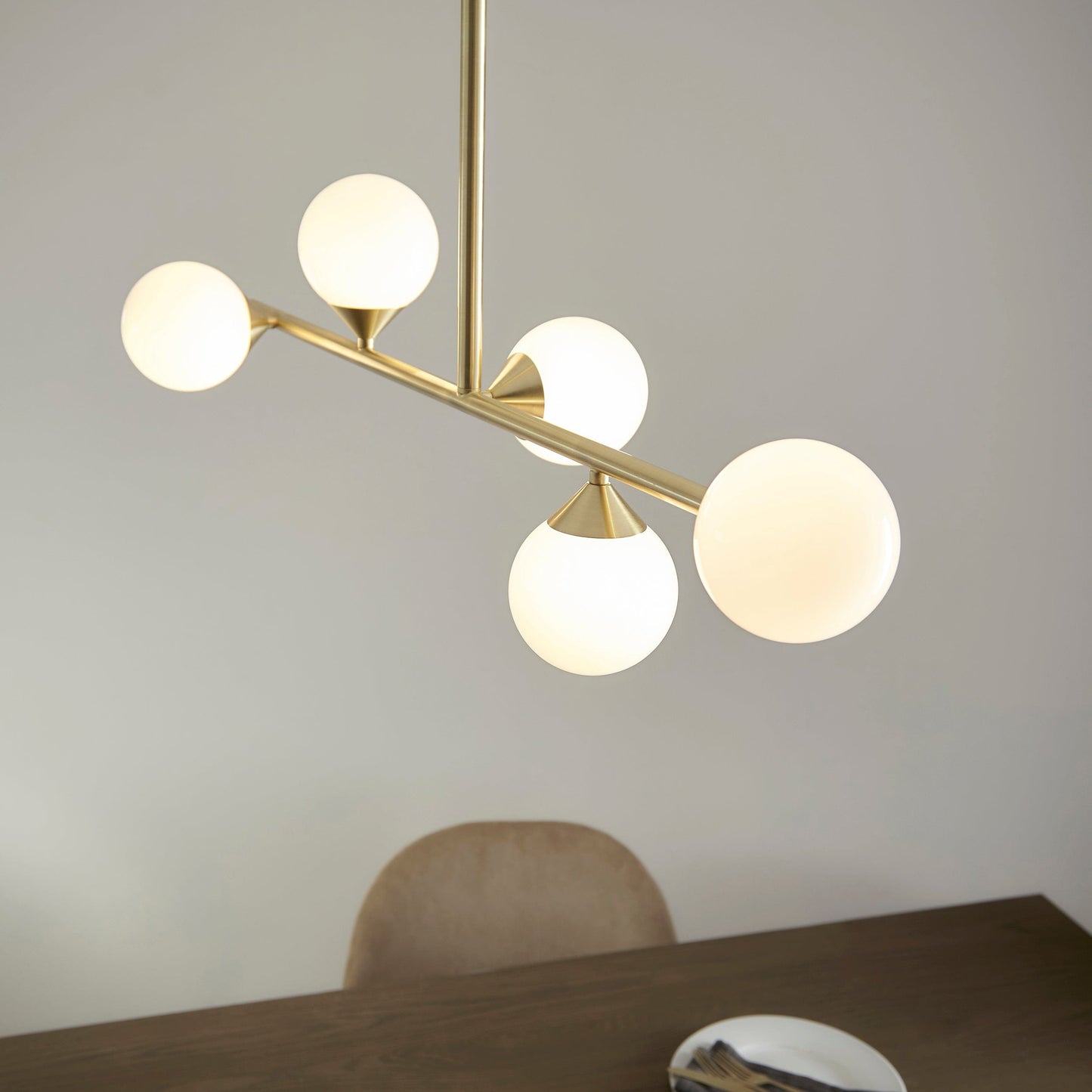 Central 5 Light Gold Pendant with White Gloss Glass