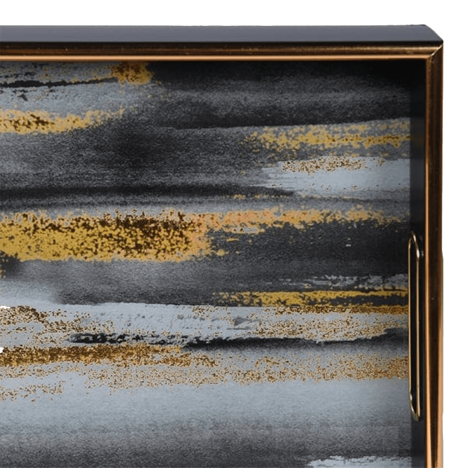 Abstract tray with gold, black, and gray colors in a black frame.