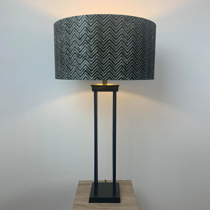 Matt Black Metal Four Post Table Lamp with Black & Gold Chevron Shade