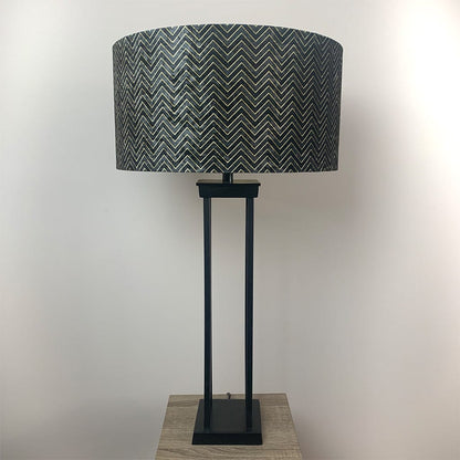 Matt Black Metal Four Post Table Lamp with Black & Gold Chevron Shade