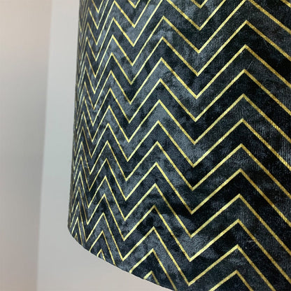 Matt Black Metal Four Post Table Lamp with Black & Gold Chevron Shade