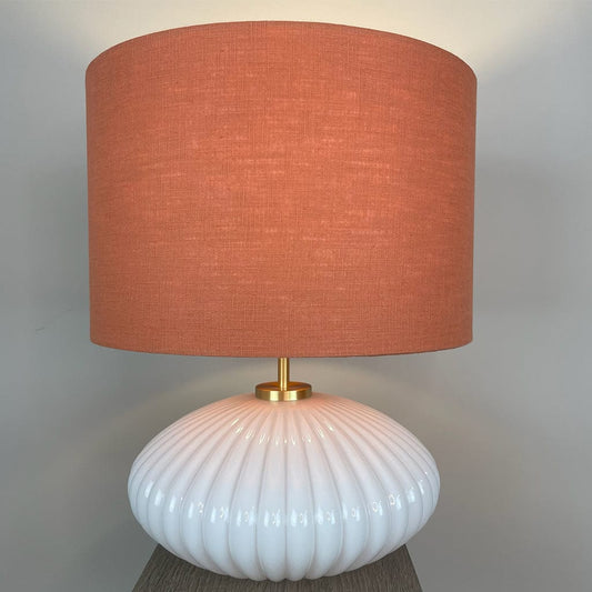 Emilia White Ribbed Glass Table Lamp with Cinnamon Linen Shade