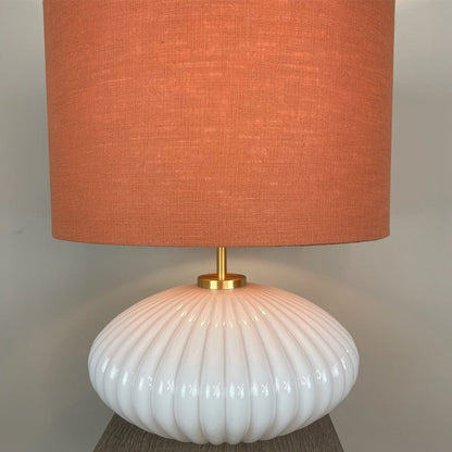 Emilia White Ribbed Glass Table Lamp with Cinnamon Linen Shade