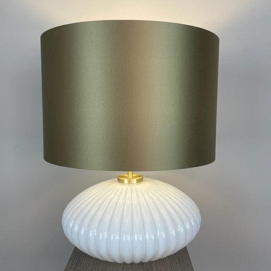 Emilia White Ribbed Glass Table Lamp with Satin Gold Shade