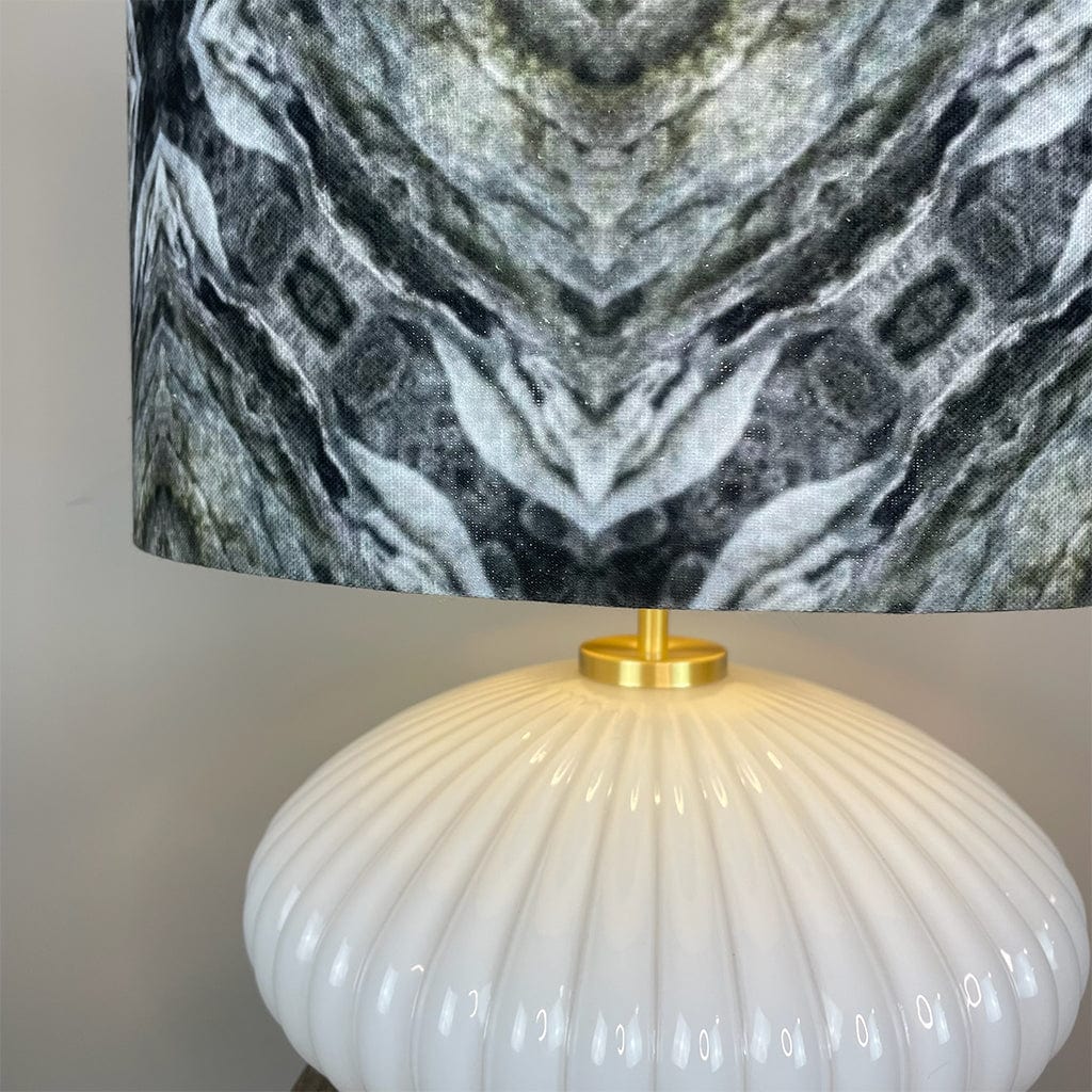 Emilia White Ribbed Glass Table Lamp with Julia Clare Efflorescence Linen in Green