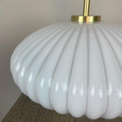 Emilia White Ribbed Glass & Gold Oval Table Lamp with Julia Clare's Ancient Tracery 2 Linen in Coral Shade