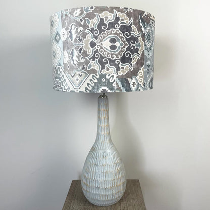 Ioan Grey Wooden Engraved Table Lamp with Velvet Glacier Lampshade