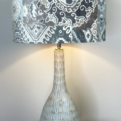 Ioan Grey Wooden Engraved Table Lamp with Velvet Glacier Lampshade