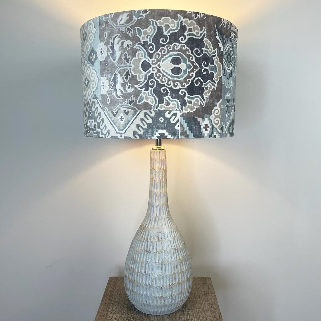 Ioan Grey Wooden Engraved Table Lamp with Velvet Glacier Lampshade