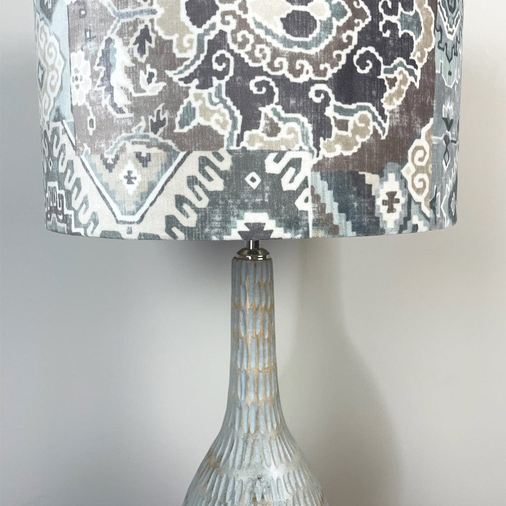 Ioan Grey Wooden Engraved Table Lamp with Velvet Glacier Lampshade