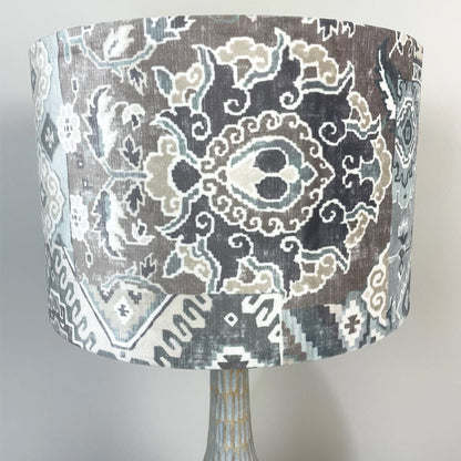 Ioan Grey Wooden Engraved Table Lamp with Velvet Glacier Lampshade