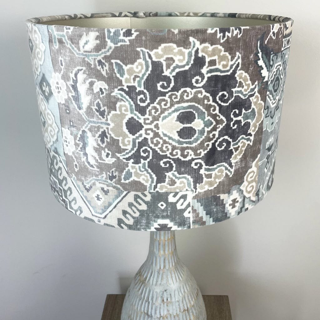 Ioan Grey Wooden Engraved Table Lamp with Velvet Glacier Lampshade