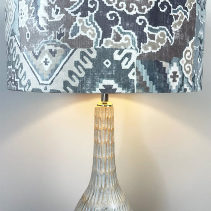 Ioan Grey Wooden Engraved Table Lamp with Velvet Glacier Lampshade