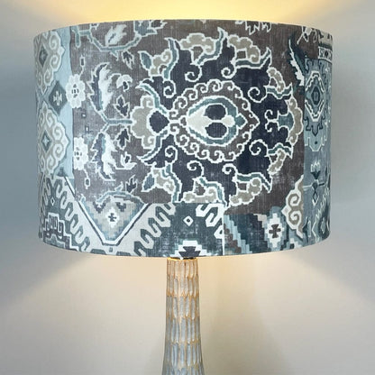 Ioan Grey Wooden Engraved Table Lamp with Velvet Glacier Lampshade