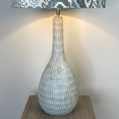 Ioan Grey Wooden Engraved Table Lamp with Velvet Glacier Lampshade