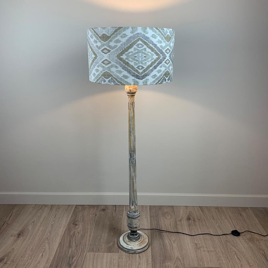 Grey & White Wash Mango Wood Floor Lamp with Linosa Natural Aztec Shade