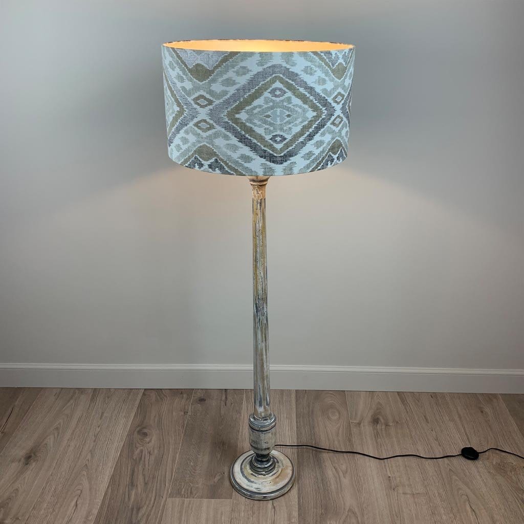 Grey & White Wash Mango Wood Floor Lamp with Linosa Natural Aztec Shade