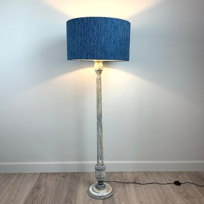 Grey & White Wash Mango Wood Floor Lamp with Logan Blue Denim Shade