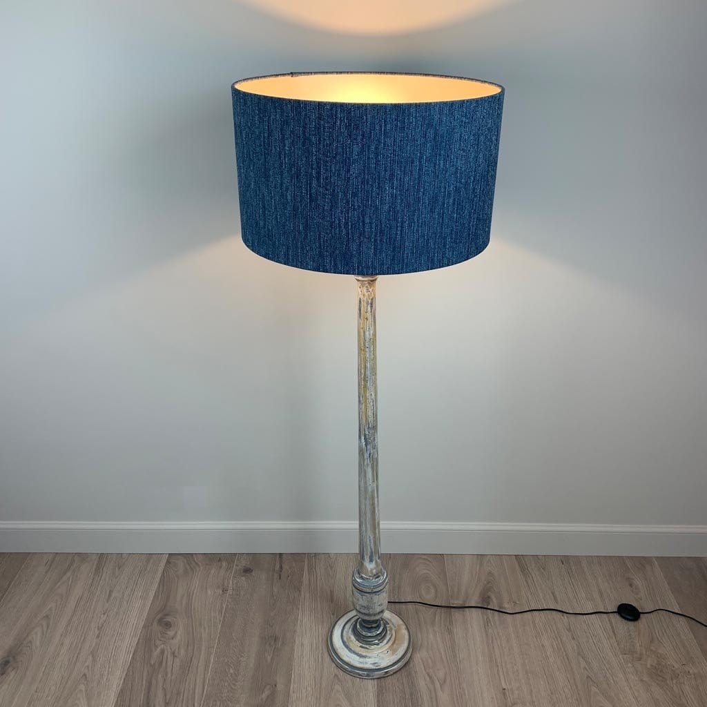 Grey & White Wash Mango Wood Floor Lamp with Logan Blue Denim Shade