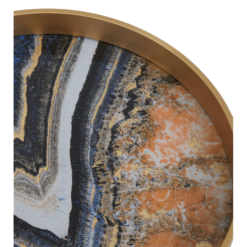 Round decorative item with marble-like pattern and gold rim on a white background