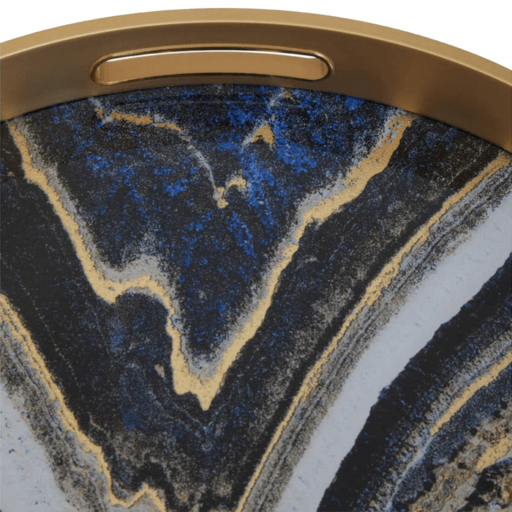 Marble-patterned tray with gold handle on a white background